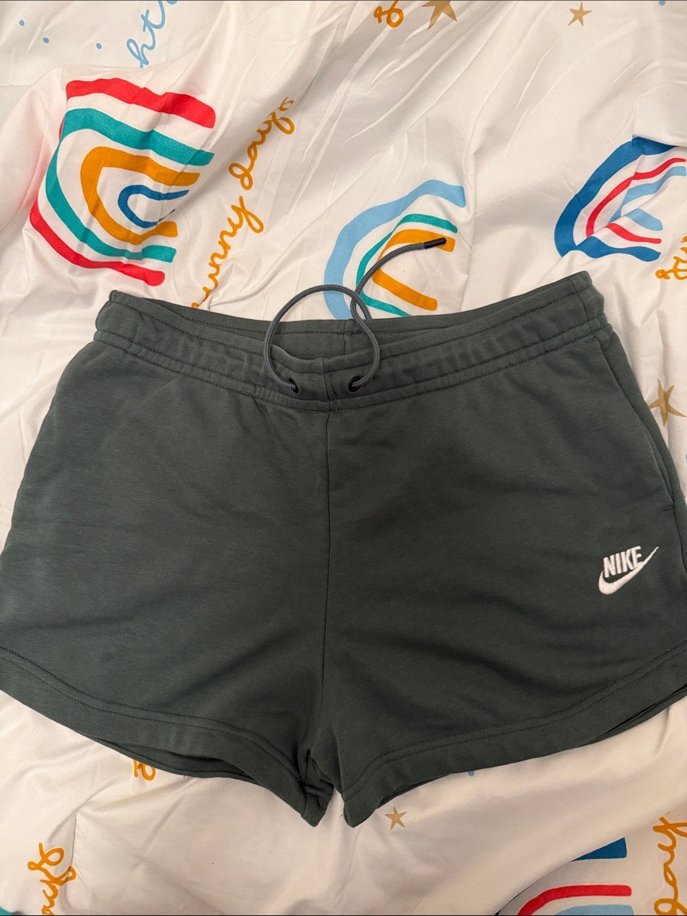 Nike Women's Dark Green Athletic Drawstring Shorts with White Logo
